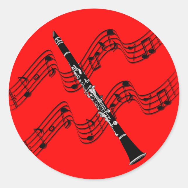 Clarinet, colourful red background, classic round sticker (Front)