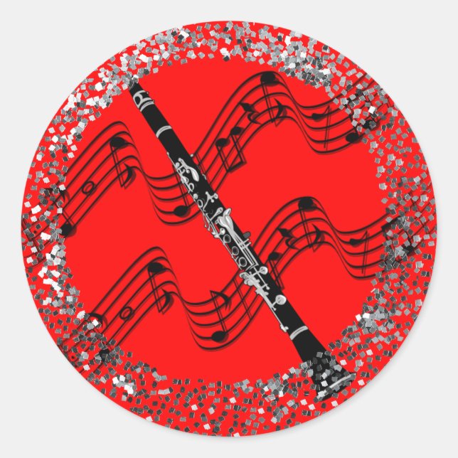 Clarinet, colourful red background,  classic round sticker (Front)