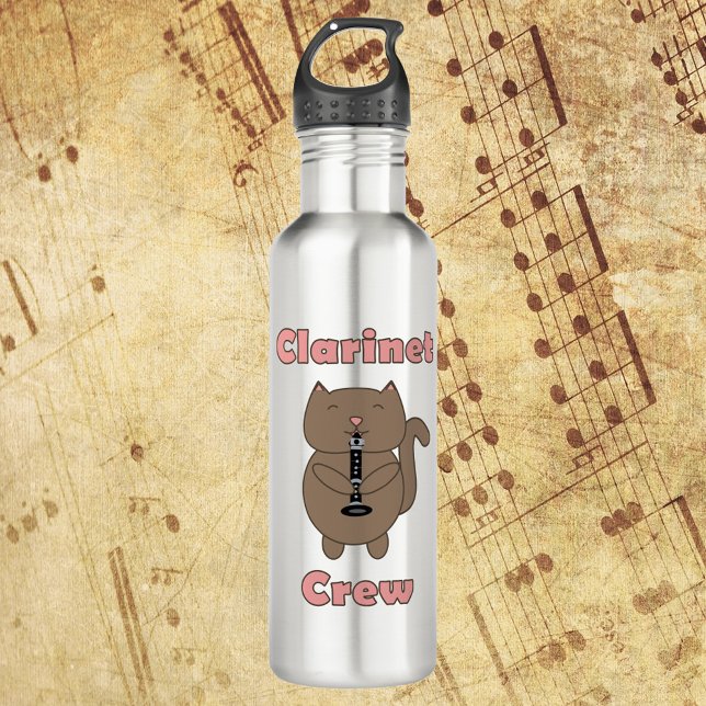 Clarinet Crew Brown Cat Funny Pink 710 Ml Water Bottle (A water bottle featuring a brown cat playing the clarinet and the words clarinet crew in pink.)