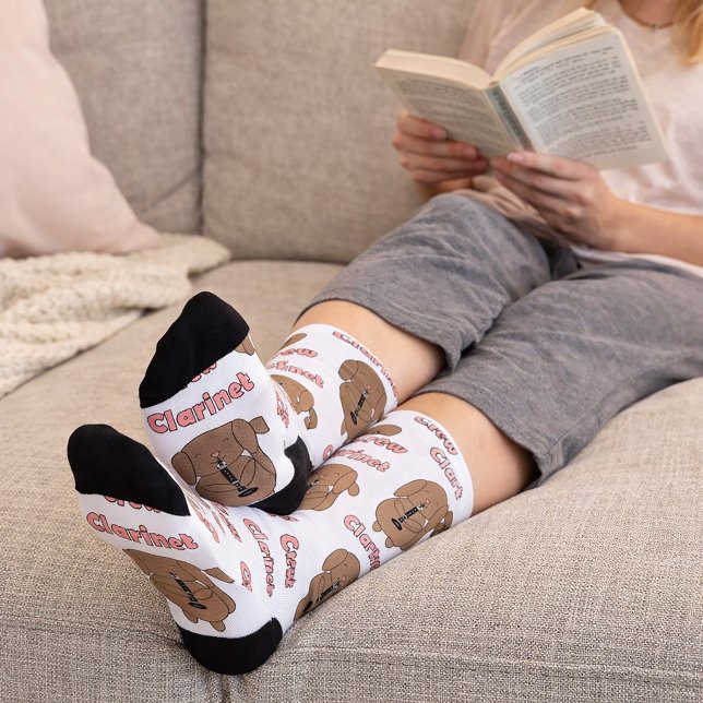 Clarinet Crew Brown Dog Funny Socks (A pair of socks with a dog playing the clarinet and the word clarinet crew.)
