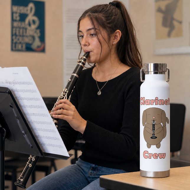 Clarinet Crew Brown Dog Funny Water Bottle (A water bottle with a cute dog playing the clarinet with the text clarinet crew.)