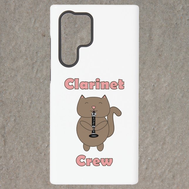 Clarinet Crew Cat Funny Samsung Galaxy S22 Ultra Case (A phone case with a brown cat playing the clarinet and the words clarinet crew in pink.)