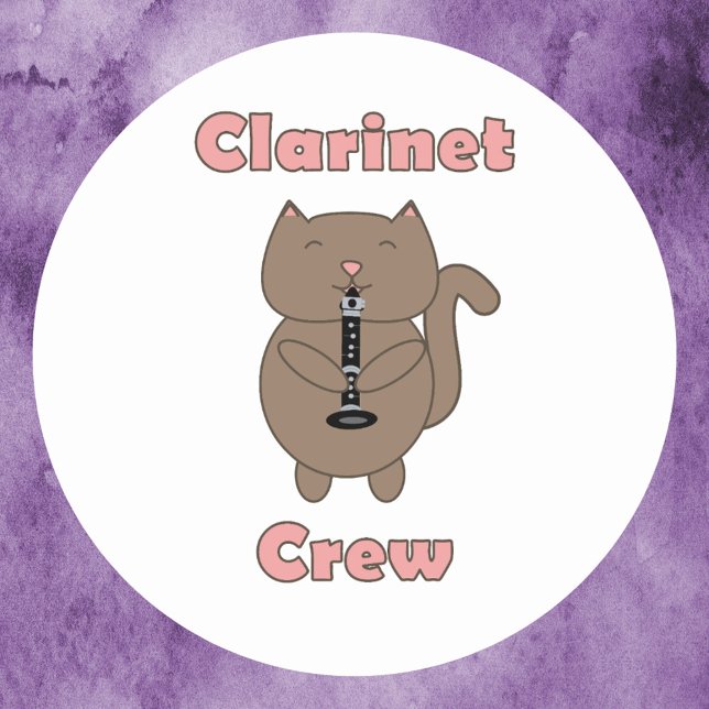 Clarinet Crew Cat Pink Classic Round Sticker (A sticker that says Clarinet Crew in pink along with a brown cat playing the clarinet.)