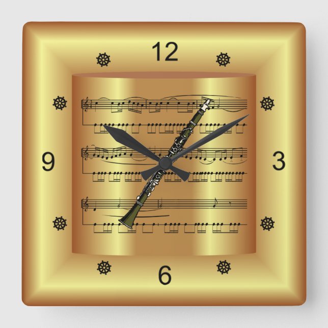 Clarinet ~ Curved Sheet Music ~ Gold Background ~ Square Wall Clock (Front)