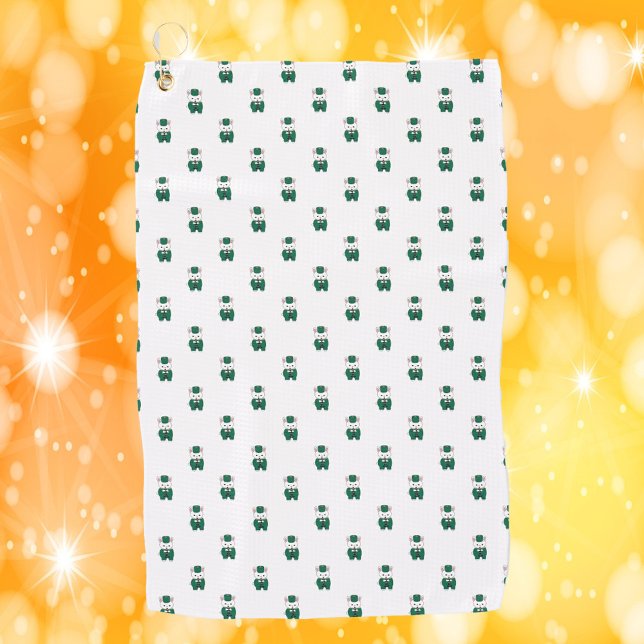 Clarinet Marching Band Rabbit Green Gold Golf Towel (A golf towel with a pattern of rabbits playing the clarinet wearing green & gold.)