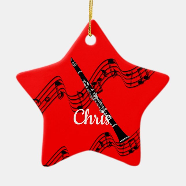 Clarinet on festive musical design, customisable ceramic ornament (Front)