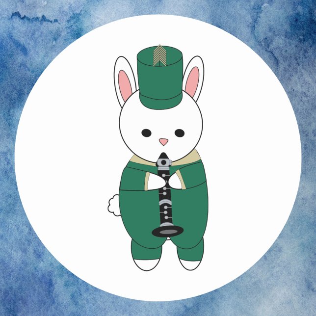 Clarinet Rabbit Marching Band Green Gold Classic Round Sticker (A sticker with a white rabbit playing clarinet in a green & gold marching band uniform.)