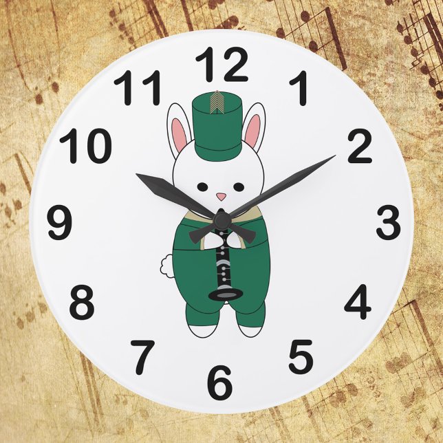 Clarinet Rabbit Marching Band Green Gold Large Clock (A clock with a picture of a rabbit playing the clarinet in a green & gold marching band uniform.)