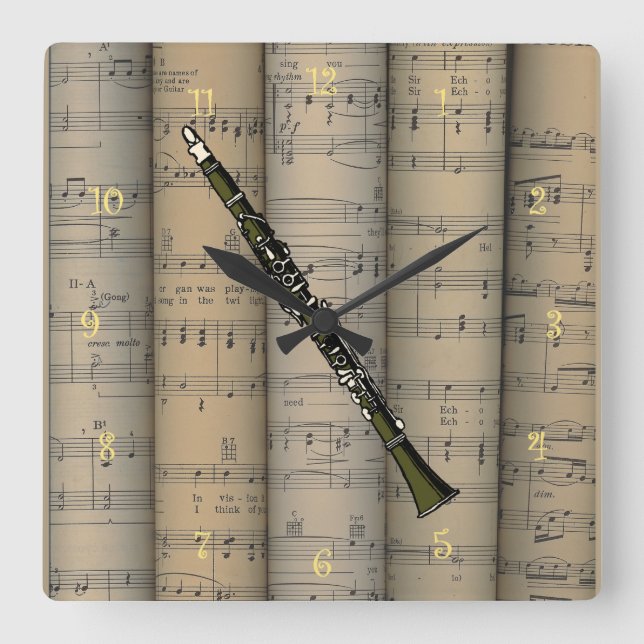Clarinet  ~ Rolled Sheet Music Background ~ Music Square Wall Clock (Front)
