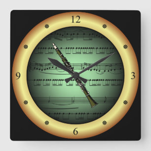 Clarinet ~ Sheet Music ~ Green/Gold Background ~ Square Wall Clock