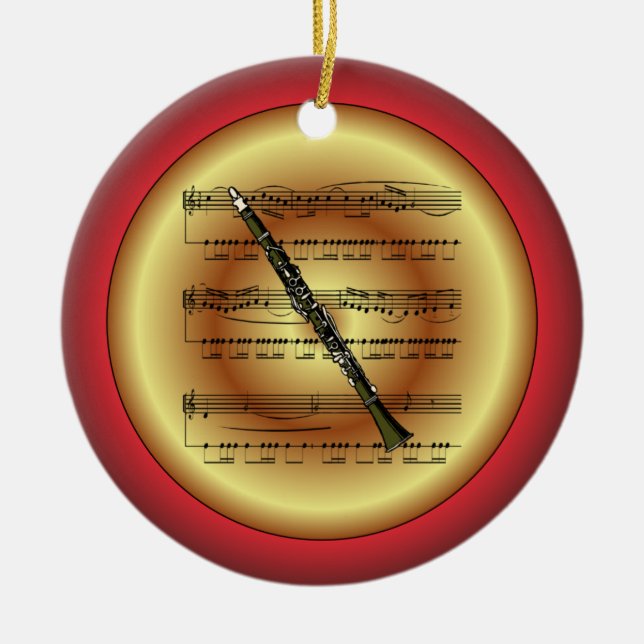 Clarinet~Sheet Music~Red/Green/Gold~Christmas~ Ceramic Ornament (Front)