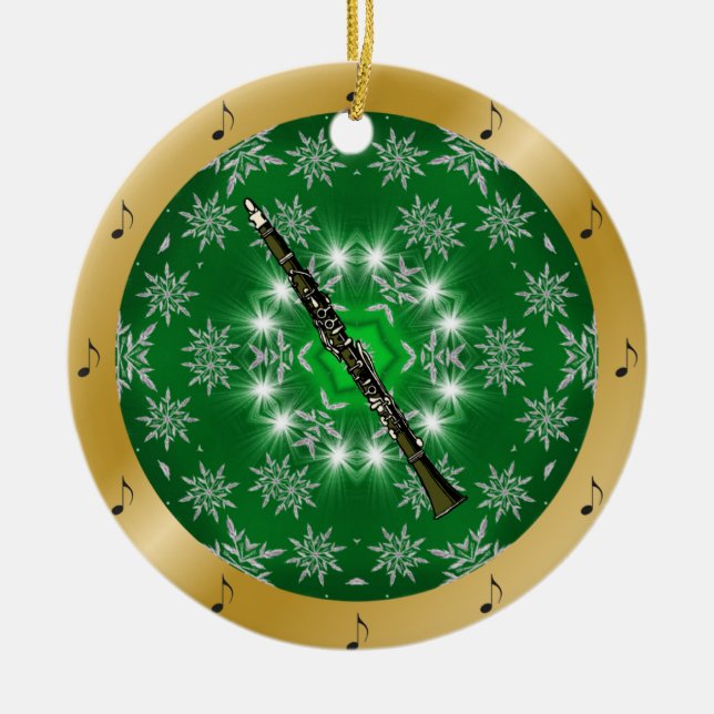 Clarinet ~ Silver ~ Green ~ Gold ~ Christmas ~ Ceramic Ornament (Front)