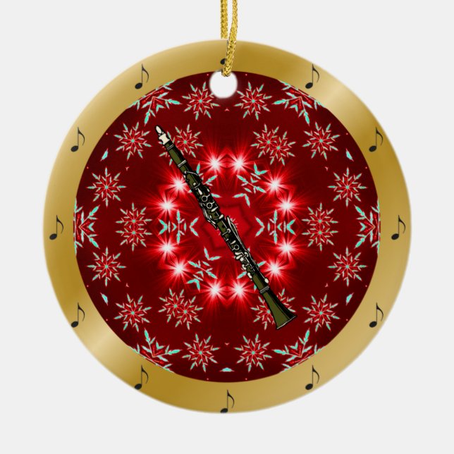 Clarinet ~ Silver ~ Red~ Gold ~ Christmas ~ Ceramic Ornament (Front)