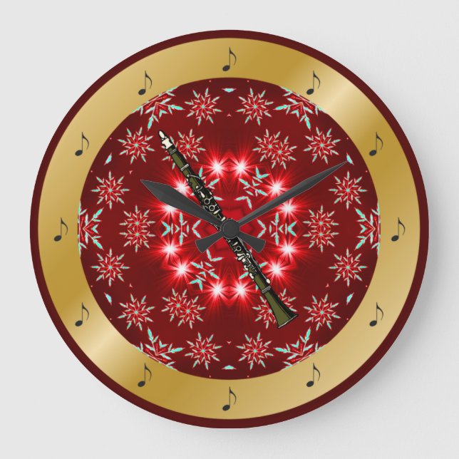 Clarinet ~ Silver ~ Red ~ Gold ~ Christmas ~ Large Clock (Front)