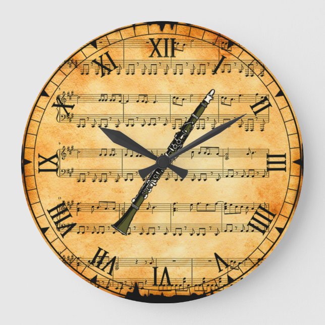Clarinet ~ Vintage Sheet Music Background ~ Unique Large Clock (Front)