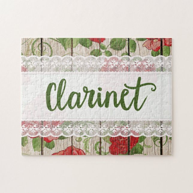 Clarinet Wood Lace Rustic Roses Music Jigsaw Puzzle (Horizontal)