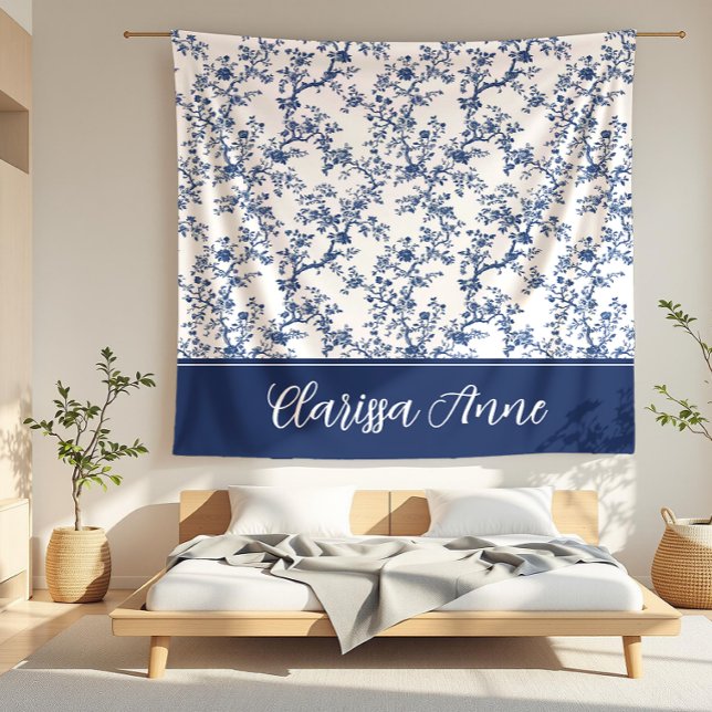 Clarissa Anne Dainty Navy and White Toile Fleece Blanket (detail)