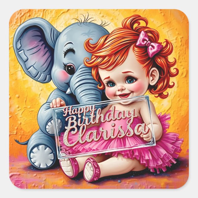 CLARISSA ~ HAPPY BIRTHDAY ~ Elephant ~ Square Sticker (Front)