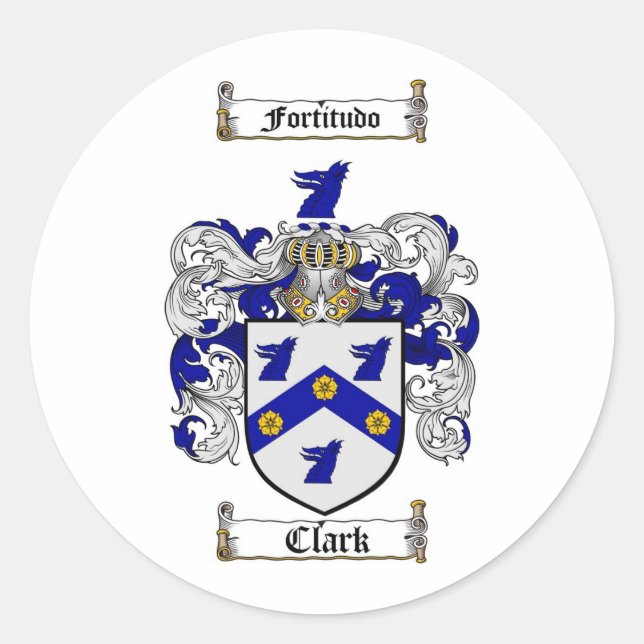CLARK FAMILY CREST -  CLARK COAT OF ARMS CLASSIC ROUND STICKER (Front)