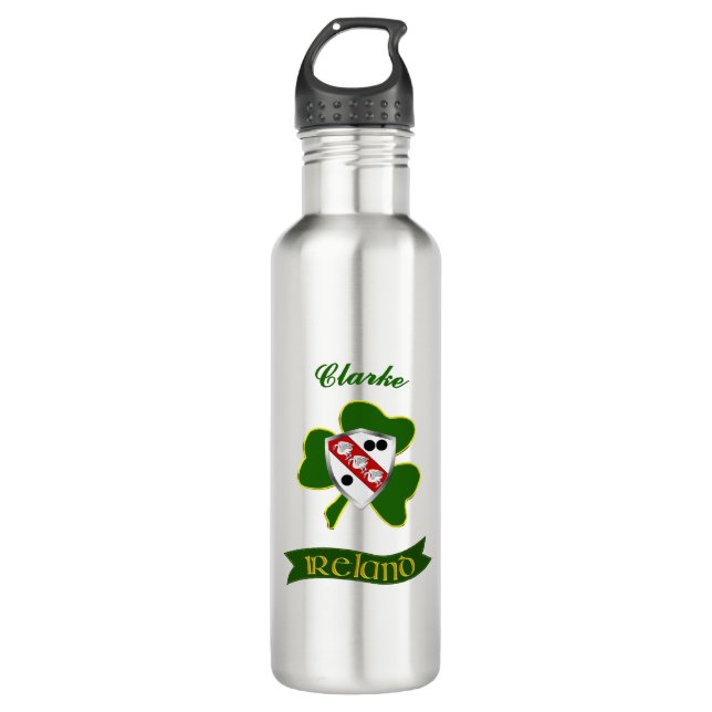 Clarke Irish Shield & Shamrock Personalised  710 Ml Water Bottle (Front)