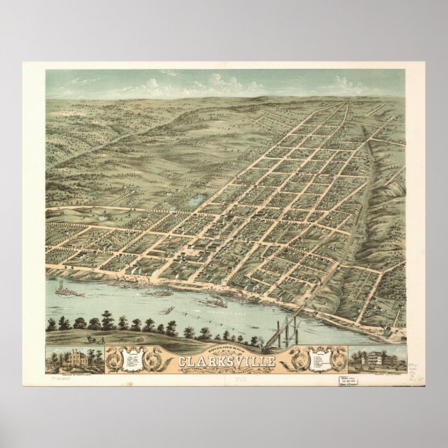Clarksville Tennessee 1870 Antique Panoramic Map Poster (Front)