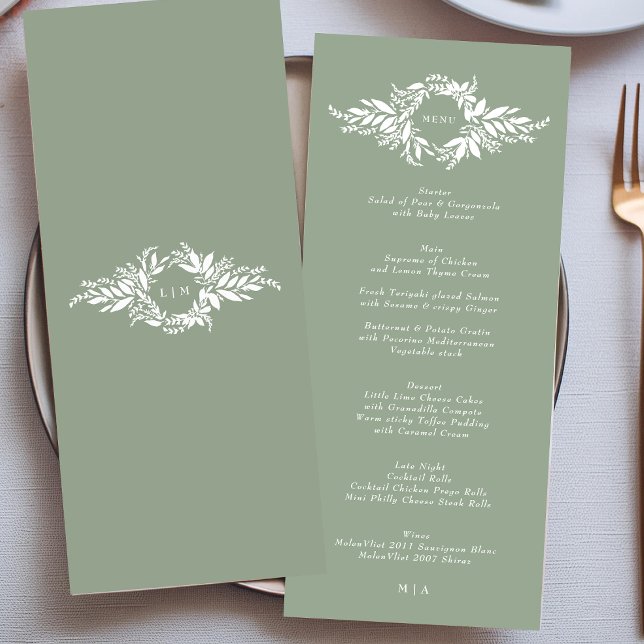 clasic sage green leafy wreath monogram Wedding Menu (Creator Uploaded)