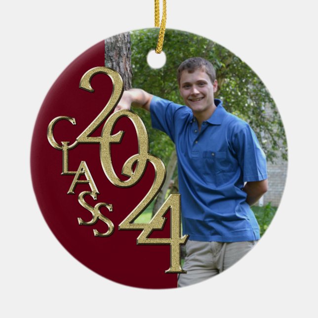 Class 2024 Burgundy and Gold Graduate Photo Ceramic Ornament (Front)