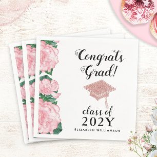 Class 2025 Congrats Grad Pink Flowers Graduation Napkin