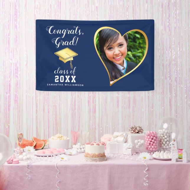 Class 2025 Grad Photo Navy Blue White Graduation Banner (Party)