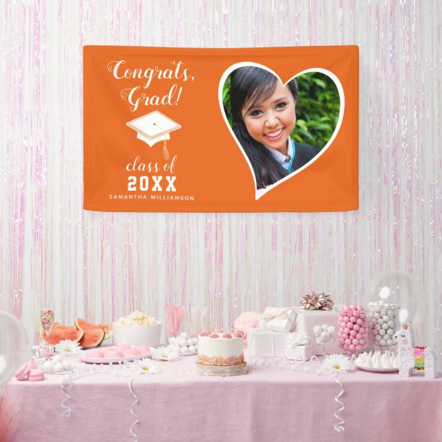 Class 2025 Grad Photo Orange White Graduation Banner (Party)