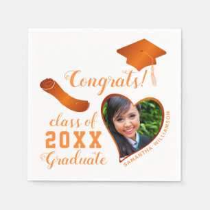 Class 2025 Grad Photo White and Orange Graduation Napkin