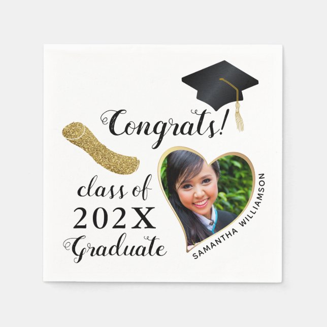 Class 2025 Grad Photo White Black Gold Graduation Napkin (Front)