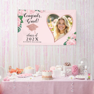 Class 2026 Grad Photo Blush Pink Floral Graduation Banner