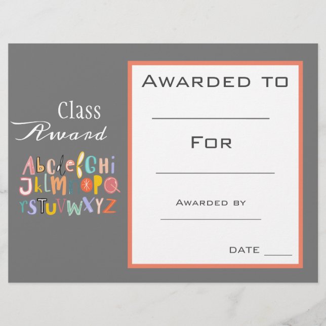 Class award cute reading alphabet certificate (Front)