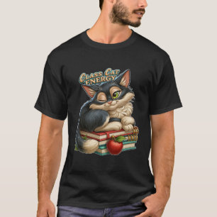 Class Cat Energy Cute Winking Kitty On Books T-Shirt