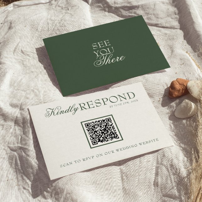 Class Emerald Green Boho QR Fancy Code Wedding RSVP Card (Creator Uploaded)
