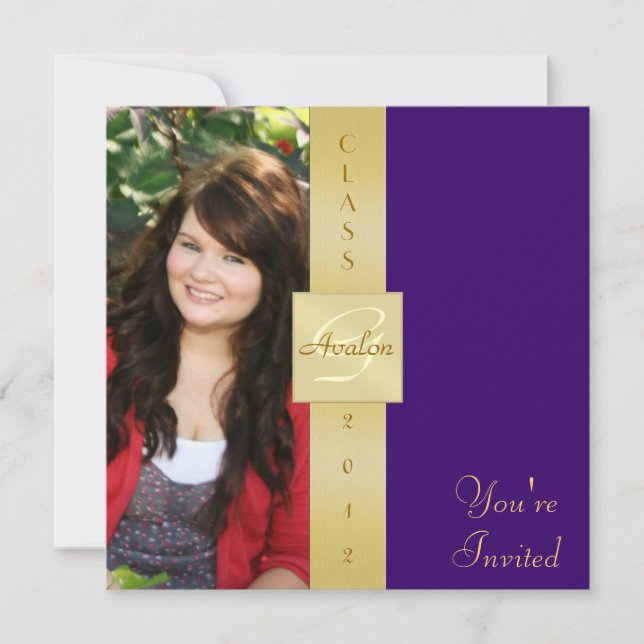 Class Monogram Photo Purple Graduation Invitations (Front)