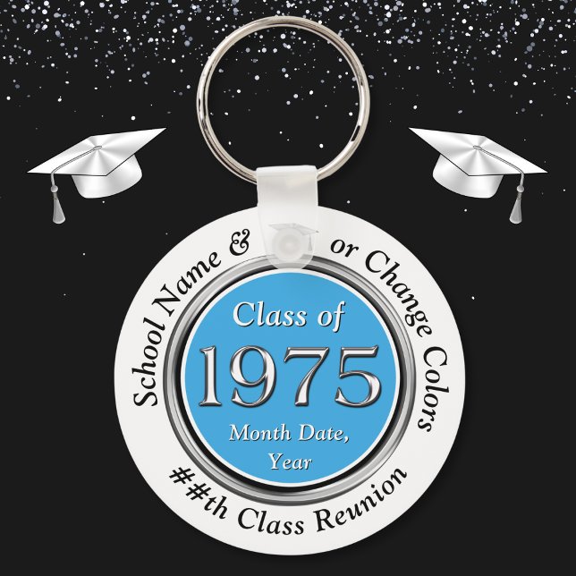 Class of 1975, 50th Class Reunion Souvenirs, 50th Key Ring (Class of '75 reunion ideas. Light Carolina Blue, Silver, White, Class of 1975 goodies. 1975 reunion.)