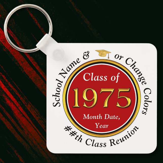 Class of 1975 Reunion. Class Reunion Party Favours Key Ring (Class of 1975 Reunion. Red, White, Black and Gold, Class reunion keychains. Class of 1975 ideas.)