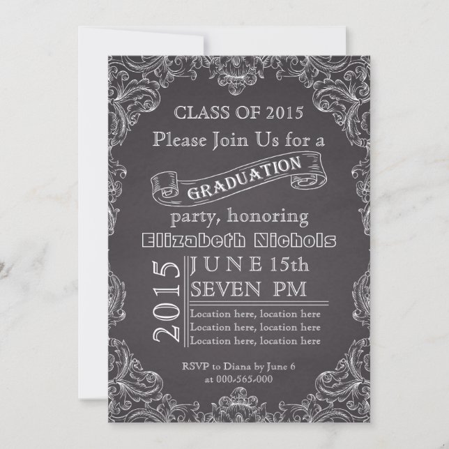 Class of 2015 chalkboard black white graduation invitation (Front)
