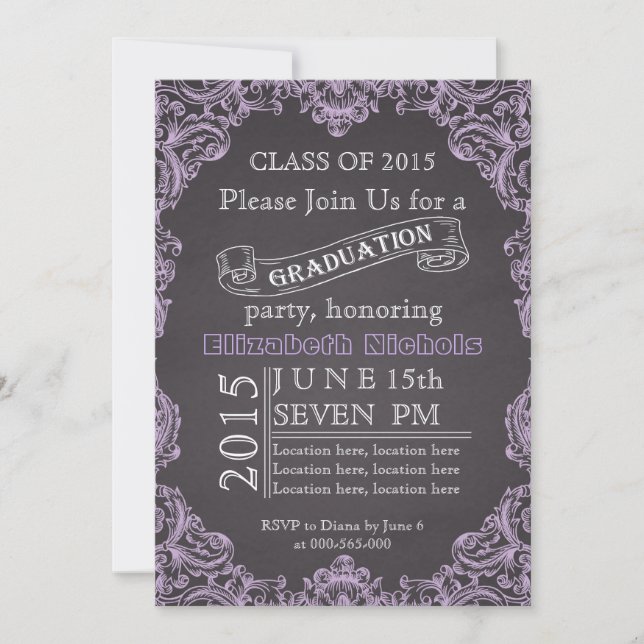 Class of 2015 chalkboard lavender graduation invitation (Front)
