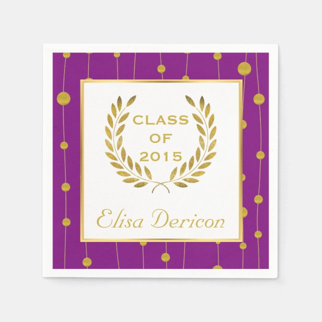Class of 2015 gold laurel wreath purple graduation napkin (Front)
