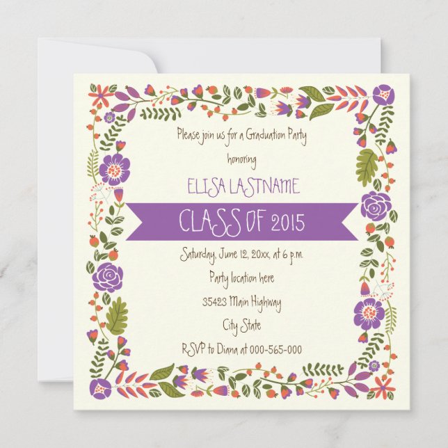 Class of 2015 purple floral border graduation invitation (Front)