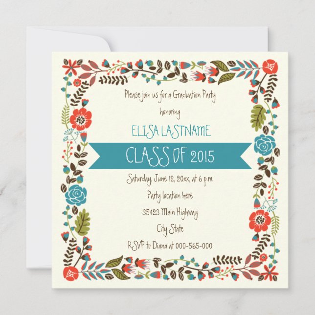 Class of 2015 teal & red floral border graduation invitation (Front)