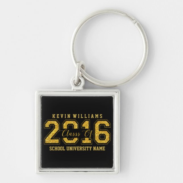 Class Of 2016 Text Gold Glitter On Black Key Ring (Front)