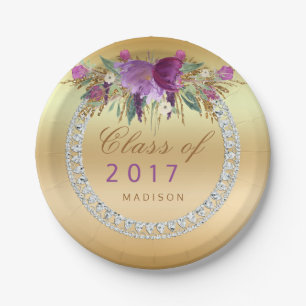 Class of 2017 Flowers Diamonds Gold Graduation Paper Plate