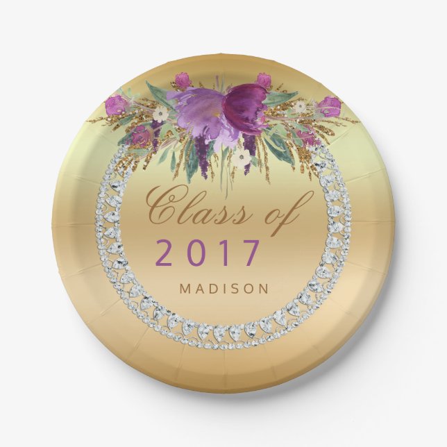 Class of 2017 Flowers Diamonds Gold Graduation Paper Plate (Front)