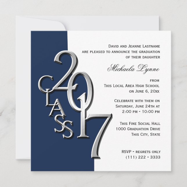 Class of 2017 Graduation Blue Silver Invitation (Front)