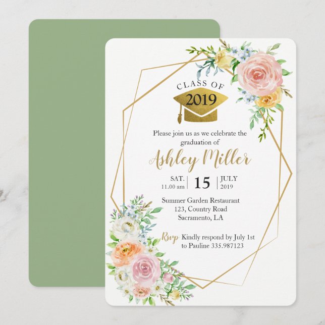 Class of 2018 Floral blush gold Graduation Party Invitation (Front/Back)