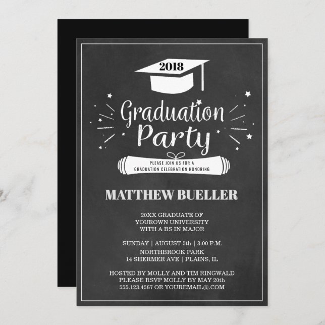 Class of 2018 Grad Cap Chalkboard Graduation Party Invitation (Front/Back)